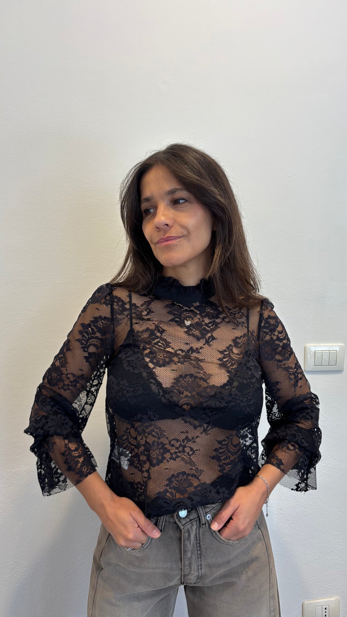 Maglia collo alto in pizzo